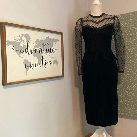 Gunne Sax Black Velvet Vintage Polka Dot Lace Goth Emo Peplum Mini Dress Size 5 - Picture 1 of 11